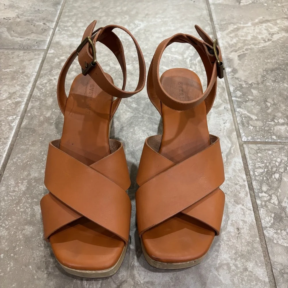 Everlane Leather Crossover Platform Sandal Brown Wood Wedge Ankle Strap sz 7.5 - Picture 5 of 11
